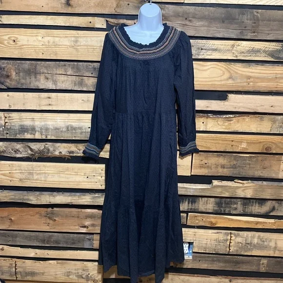 Universal Thread Boho Prairie Dress Small Long Black Smocked Embroidered‎ Maxi M - Picture 3 of 11